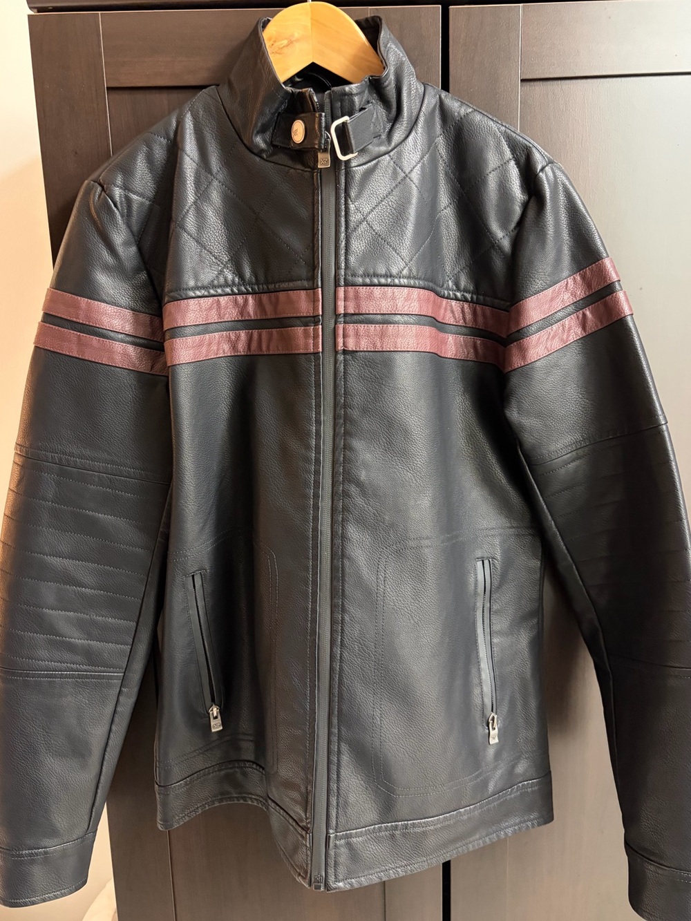 Men's XRAY JEANS Black w/brownish burgundy stripes faux leather men’s jacket SM